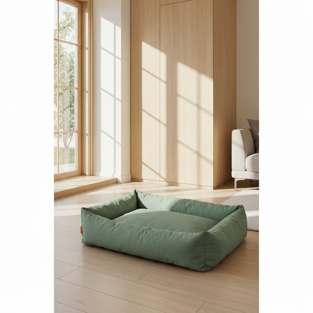 Rechteckiger Liegeplatz in Sage-Grün auf hellem Holzboden